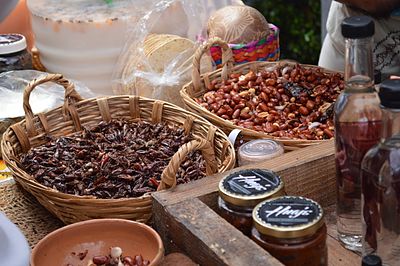 Chapulines and chili flavored peanuts at an artisanal food market in Colonia Roma, Mexico City