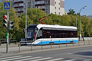 A 71-911EM Lvionok (Russian: 71-911ЕМ «Львёнок») tramcar. 2021.