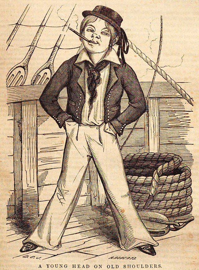 Engraving in black ink on yellowed paper depicting a young male sailor on a wooden ship with a cigarette in his mouth