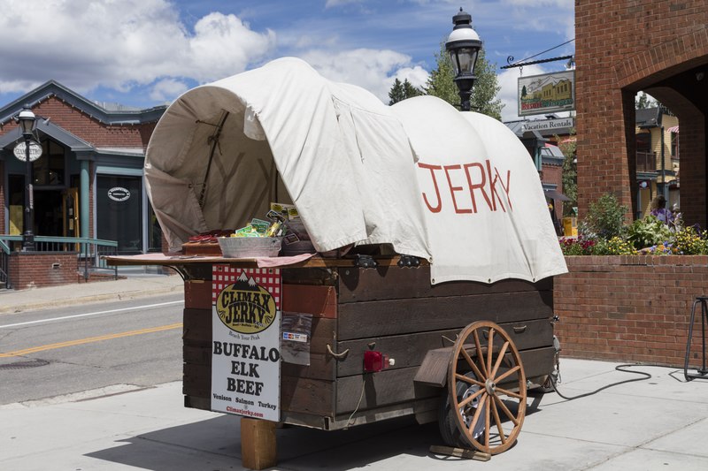 File:A wagon whose owner sells various kinds of jerky, or lean meat (in this case from cattle, bison, and elk) that has been trimmed of fat, cut into strips, and then dried to prevent spoilage. Normally, LCCN2015633638.tif