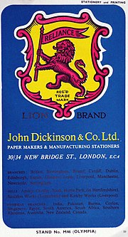 Thumbnail for File:Advertisment from the former paper company John Dickinson &amp; Co. with its company logo "Lion Brand".jpg