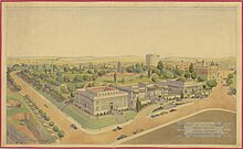 Aerial view (perspective) of Wickham Park showing proposed Dental Hospital, Art Gallery and Public Library, in Turbot Street, 1938 Aerial view (perspective) of Wickham Park showing proposed Dental Hospital, Art Gallery and Public Library, Turbot Street, Brisbane, 1938.jpg