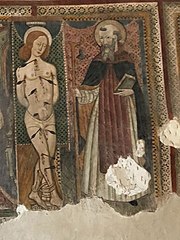 Fresque de l'église de San Giovanni Battista di Arrone (Saint Sébastien attaché à la colonne, transpercé de flèches et Saint Antoine l'Abbé) .jpg