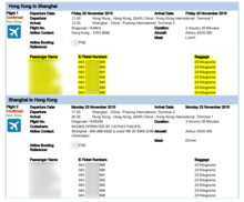 An itinerary where multiple passengers are in same reservation with a ticket number for each passenger Air ticket with multiple passengers in single record.png