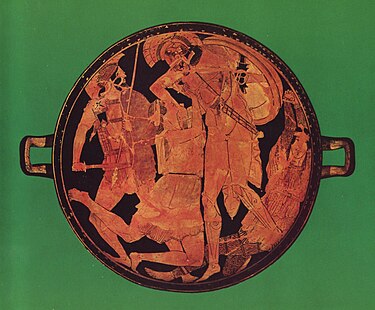 Depiction of Penthesilea, on a bowl from Vulci; circa 470/460 BC. Munich, Staatliche Antikensammlungen. Akhilleus Penthesileia Staatliche Antikensammlungen 2688.jpg