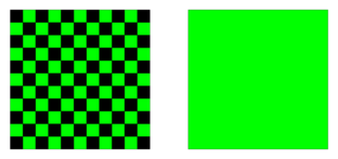 Bei der Interpolation eines durch den Alias-Effekt verfälschten Bildes mit grünen "Dots" (links) werden die schwarzen Bildpunkte ebenfalls grün gerechnet (rechts)