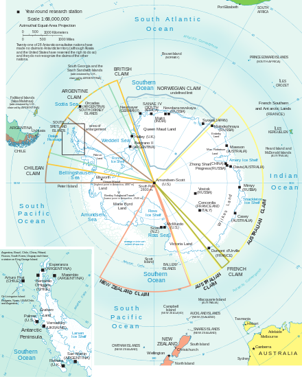 Carte des stations scientifiques et des revendications territoriales en Antarctique (2002).