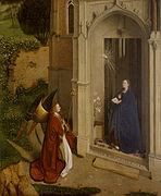L'Anunciació Friedsam, Petrus Christus (1450); la porta és romànica a l'esquerra (antic testament) i gòtica a la dreta (nou testament)