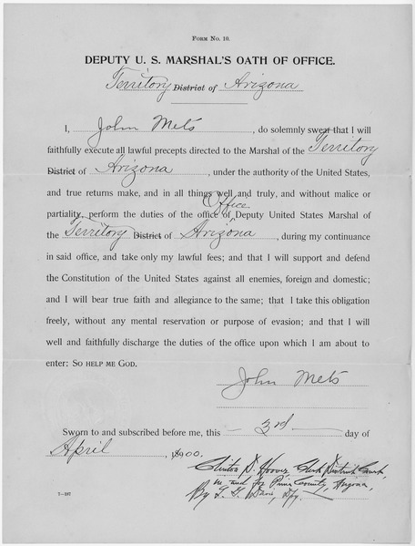 File:Appointment and Oath of Office for John Mets as Office Deputy Marshal in the Territory of Arizona. - NARA - 295793.tif