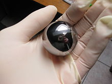 A hollow beryllium sphere used in a gyrocompass of the Boeing B-52 Stratofortress aircraft BERYLLIUM - KUGEL 1.JPG