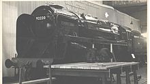 March: 92220 Evening Star at Swindon Works soon after naming BR 9F 92220 at Swindon March 1960.jpg