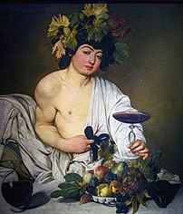 Bacchus, huile sur toile du Caravage (fin XVIe siècle, musée des Offices, à Florence). (définition réelle 5 700 × 6 648)