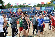 Deutsch: Beachhandball Europameisterschaften 2019 (Beach handball Euro); Tag 6: 7. Juli 2019 – Spiel um Platz Drei, Männer, Ungarn-Russland 2:0 (26:20, 23:22) English: Beach handball Euro; Day 6: 7 July 2019 – Men's Bronze Medal Match – Hungary-Russia 2:0 (26:20, 23:22)