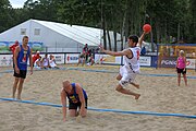 Deutsch: Beachhandball Europameisterschaften 2019 (Beach handball Euro); Tag 3: 4. Juli 2019 – Männer, Platzierungsrunde Gruppe IV, Schweden-Nordmazedonien 2:0 (20:10, 32:15) English: Beach handball Euro; Day 3: 4 July 2019 – Men Consolation Round Group IV – Sweden-North Macedonia 2:0 (20:10, 32:15)