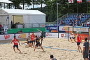 Deutsch: Beachhandball Europameisterschaften 2019 (Beach handball Euro); Tag 2: 3. Juli 2019 – Männer, Vorrunde Gruppe A, Spanien-Norwegen 1:2 (22:26, 28:22, 8:10) English: Beach handball Euro; Day 2: 3 July 2019 – Men Preliminary Round Group A - Spain-Norway 1:2 (22:26, 28:22, 8:10)