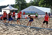 Deutsch: Beachhandball Europameisterschaften 2019 (Beach handball Euro); Tag 1: 2. Juli 2019 – Männer, Vorrunde Gruppe D, Frankreich-Montenegro 2:0 (19:7, 18:9) English: Beach handball Euro; Day 1: 2 July 2019 – Men Preliminary Round Group D – France-Montenegro 2:0 (19:7, 18:9)