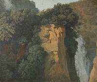 Attributed to Hendrik Voogd. Overgrown Cliffs with a Waterfall in Italy, perhaps at Tivoli label QS:Len,"Overgrown Cliffs with a Waterfall in Italy, perhaps at Tivoli" label QS:Lnl,"Begroeide rotsen met een waterval in Italië, misschien bij Tivoli" . 1790-1820. oil on canvas medium QS:P186,Q296955;P186,Q12321255,P518,Q861259 . 30 × 35.5 cm (11.8 × 13.9 in). Amsterdam, Rijksmuseum Amsterdam.