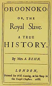 First edition of Aphra Behn's Oroonoko, 1688 Behn Oroonoko title page.1688.jpg