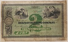 PS 2 note of the New York Branch, printed by the American Banknote Co. BelfastBankingCo-2Pounds NewYorkBranch 1866 UlsterMuseum-Belfast 20220531.jpg