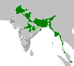 The extent of the Bengal Presidency at its peak between 1849 and 1853 in green, and rest of British India in grey.