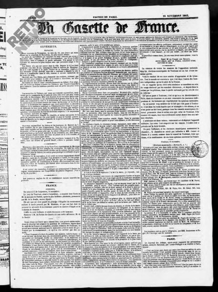 File:Bossange - Histoire apocryphe de la France de 1830 jusqu'à nos jours, La Gazette de France, 15 nov 1841.pdf