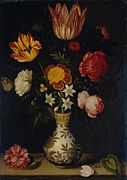 Still Life with Flowers in a Wan-Li vase label QS:Len,"Still Life with Flowers in a Wan-Li vase" label QS:Lpl,"Martwa natura z kwiatami w wazonie Wan-Li" label QS:Lnl,"Stilleven met bloemen in een Wan-li vaas" 1619. oil on copper medium QS:P186,Q296955;P186,Q753,P518,Q861259 . 31 × 22.5 cm (12.2 × 8.8 in). Amsterdam, Rijksmuseum Amsterdam.