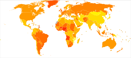 Age-standardized deaths from breast cancer per 100,000 inhabitants in 2004.
.mw-parser-output .legend{page-break-inside:avoid;break-inside:avoid-column}.mw-parser-output .legend-color{display:inline-block;min-width:1.25em;height:1.25em;line-height:1.25;margin:1px 0;text-align:center;border:1px solid black;background-color:transparent;color:black}.mw-parser-output .legend-text{}
no data
<2
2-4
4-6
6-8
8-10
10-12
12-14
14-16
16-18
18-20
20-22
>22 Breast cancer world map - Death - WHO2004.svg