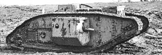 Male Mark V tank showing short 6 pounder gun barrel British Mark V (male) tank.jpg