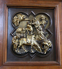 Bargello: Photo of the sacrifice of Isaac in a bronze panel, created by Brunelleschi.