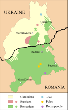 Ethnic divisions in modern Bukovina with Ukrainian Romanian and Russian areas depicted in light yellow, green, and red respectively. The Moldovans, counted separately in the 2001 Ukrainian census, are included in this map as Romanians. Bucovethn.png