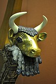 Bull's head from the Queen's Lyre from Pu-abi's grave, Ur, c. 2600 BC