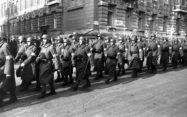 Arrow Cross members marching in Budapest, October 1944