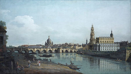 Canaletto Dresden seen from the Right Bank of the Elbe, beneath the Augusts Bridge Google Art Project