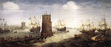 Crusaders attack the tower of Damietta during the siege of Damietta in a painting by Cornelis Claesz van Wieringen Capturing Damiate.jpg