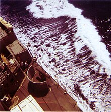 Hanson SAMID installation as viewed from SPS-37 radar platform in May 1971. Electronics package contained within HUT (AN/SLQ19-B), 2 antennas per side or 4 total, two CHAFFROC launchers with blast shields. Chaff launcher aboard USS Hanson (DD-832), May 1971.jpg