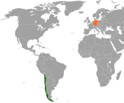 Mapa indicando localizações do Chile e da Alemanha