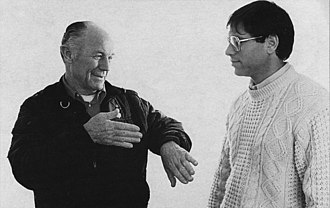 Lerner with Chuck Yeager during the development of Chuck Yeager's Advanced Flight Trainer. Chuck Yeager with Ned Lerner - Summer 1987 Farther magazine.jpg