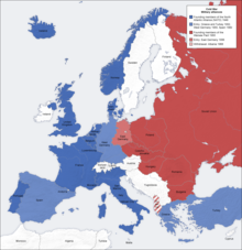 Map of Europe with mostly blue (NATO) areas in west and mostly red (Warsaw Pact) areas in east