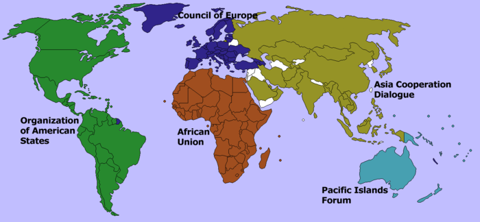 Organizations grouping almost all the countries in their respective continents. Note that Russia used to be a member of both the Council of Europe (COE) and the Asia Cooperation Dialogue (ACD) but now is only part of the Asia Cooperation Dialogue, and Cuba was reinstated as a member of the Organization of American States (OAS) in 2009.