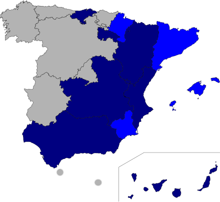 Map of Conversion Therapy bans by autonomous community in Spain. ■ (Dark Blue) Comprehensive conversion therapy ban ■ (Light Blue) Only medical professionals are banned from performing conversion therapy