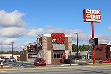 Many Cook Out locations feature only two drive-thru lanes and a walk-up window like this one in Cordele, Georgia. Cook Out, Cordele.jpg