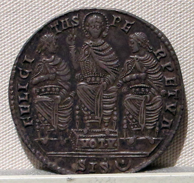 Silver coin of Constans, showing Constans, Constantine II and Constantius II