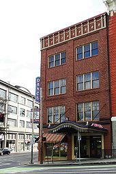 Crystal Ballroom from the street—a three-story brick building with an elaborate black awning