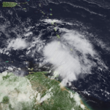 The GOES-6 satellite captured this image of Tropical Storm Danielle over the Windward Islands on September 8, 1986