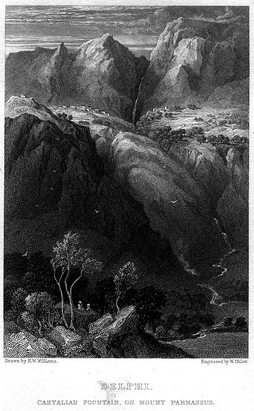 File:Delphi, Castalian Fountain, on Mount Parnassus engraving by William Miller after H W Williams.jpg