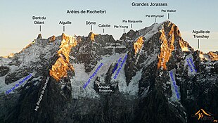 Al centro-destra il versante sud delle Grandes Jorasses, dove sale la via normale, con l'indicazione delle vette.