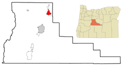 Lage von Redmond im Deschutes County (links) und in Oregon (rechts)