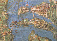 The Ottoman army bombs the Knights' Three Cities from the peninsula of Sciberras during the 1565 Great Siege. DetalleSiegeMalta.jpg