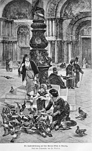 The feeding of the pigeons in Piazza San Marco in Venice label QS:Len,"The feeding of the pigeons in Piazza San Marco in Venice" label QS:Lde,"Die Taubenfütterung auf dem Marcus-Platz in Venedig" By 1883