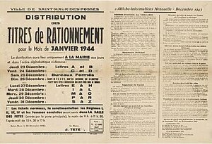 Poster in Saint-Maur-des-Fosses announcing distribution of ration cards for January 1944, 18 December 1943 Distribution des titres de rationnement pour le mois de janvier 1944.jpg